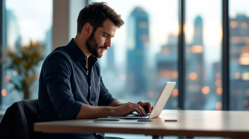 Mann am Laptop in einem modernen Büro in Dortmund plant seinen Karriereschritt