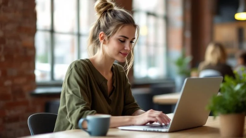 Frau arbeitet konzentriert am Laptop in einem hellen Büro in Dortmund