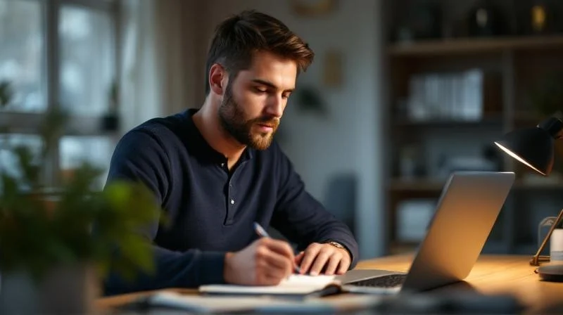 Mann lernt am Laptop für den Wirtschaftsfachwirt in einem modernen Homeoffice